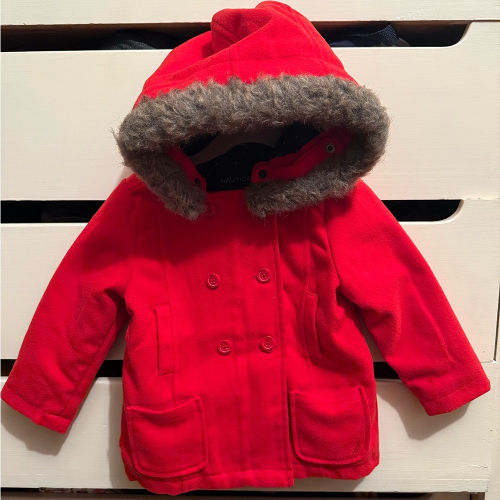 Nautica Kids Bright Red Pea Coat with Faux Fur Hood